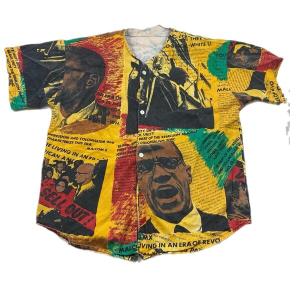 Vintage 1990s Malcolm X All Over Print Jersey Button Up Black History Sz XL USA - Picture 1 of 6